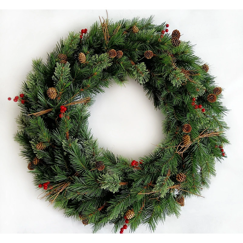 Artificial Decorative Pre-Lit Mixed PVC&Cashmere Christmas Wreath with Pinecones and Silver Berries, Red Birds and Clear Lights for Xmas Wedding Holiday