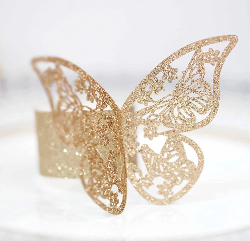 100 PCS Glitter Rose Gold Napkin Rings Butterfly Shape Plastic Napkin Holder for Wedding Party Serviette Table Decoration