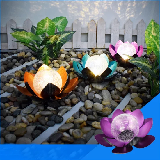 Lampes solaires imperméables pour jardin extérieur, globe en verre craquelé, décoration de lotus en métal, décoration florale pour patio, pelouse, allée, table, sol